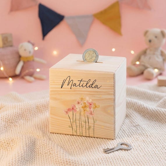Spardose Mädchen, Spardose Personalisiert, Spardose Holz, Spardose Blumen, Sparschwein Kind, Taufe Geschenk Mädchen