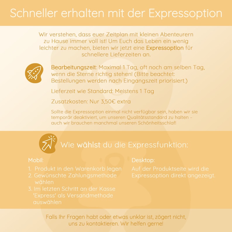 May include: A yellow and white graphic with the text "Schneller erhalten mit der Expressoption" and information about express shipping options for online orders. The graphic includes details about processing time, delivery time, and additional costs. It also explains how to choose the express option during checkout.