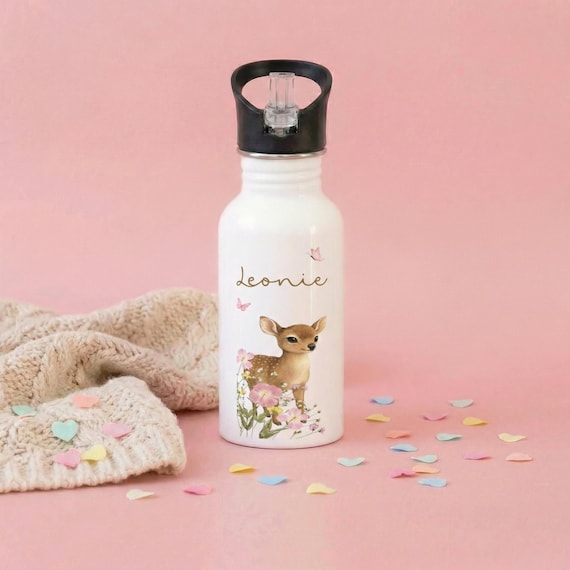 Trinkflasche Reh, Trinkflasche personalisiert Kinder, Trinkflasche Mädchen, Kindergarten, Einschulung Geschenk, Edelstahl Flasche