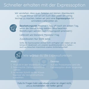 May include: A light blue graphic with text in German, advertising an 'Expressoption' for faster delivery times. The text describes processing time, delivery time, and additional costs. Instructions are provided for mobile and desktop users.