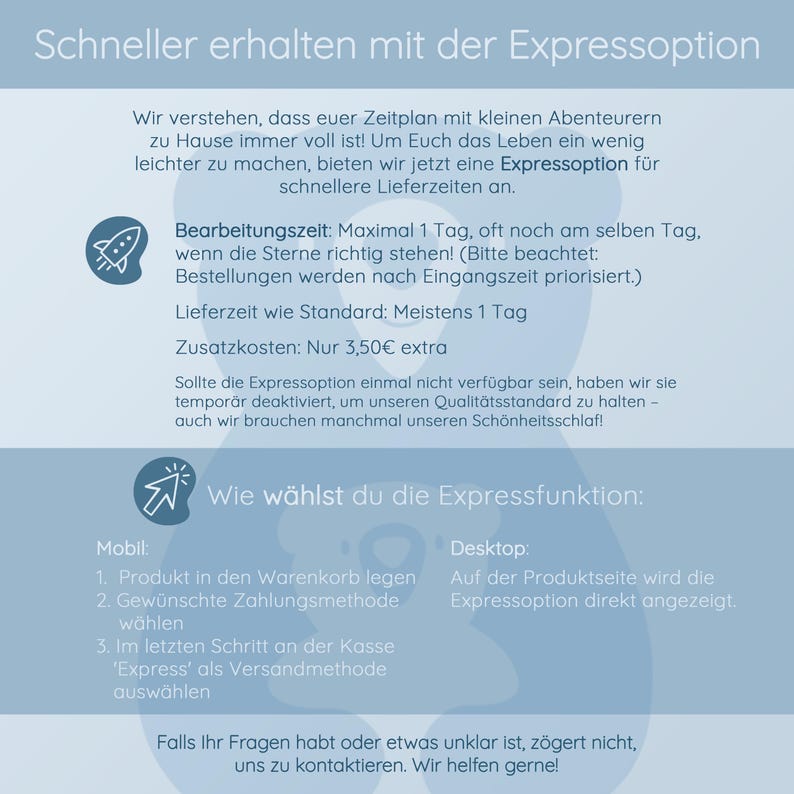 May include: A light blue graphic with text in German, advertising an 'Expressoption' for faster delivery times. The text describes processing time, delivery time, and additional costs. Instructions are provided for mobile and desktop users.