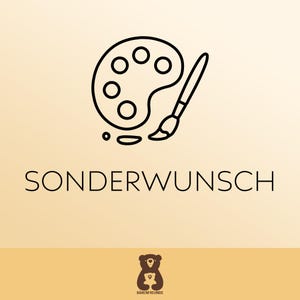 Könnte beinhalten: Schwarz-weiße Strichzeichnung einer Malerpalette und eines Pinsels. Das Wort "SONDERWUNSCH" ist in schwarzer, serifenloser Schrift unter der Illustration geschrieben. Unten befindet sich ein Bärenlogo.