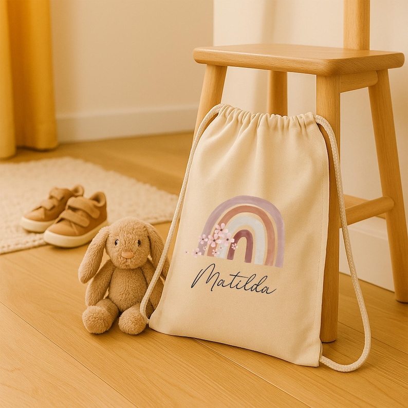 May include: A beige drawstring backpack with a rainbow and floral design, the name "Matilda" is written below the rainbow. A stuffed bunny and a pair of tan sneakers are next to the bag. The bag is sitting next to a wooden stool.
