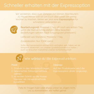 May include: A yellow and white graphic with the text "Schneller erhalten mit der Expressoption" and information about express shipping options for online orders. The graphic includes details about processing time, delivery time, and additional costs. It also explains how to choose the express option during checkout.