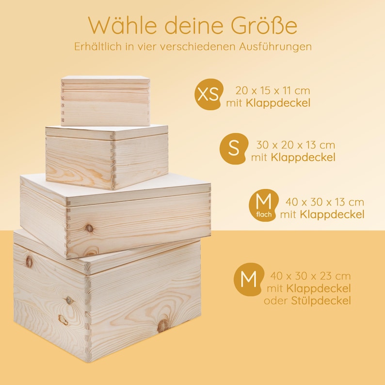 May include: Four wooden boxes in different sizes, stacked on top of each other. The boxes are made of natural wood and have a light brown color. The boxes are labeled with the sizes XS, S, M, and M. The sizes are listed with the dimensions in inches and the type of lid.  W&auml;hle deine Gr&ouml;&szlig;e. Erh&auml;ltlich in vier verschiedenen Ausf&uuml;hrungen.
