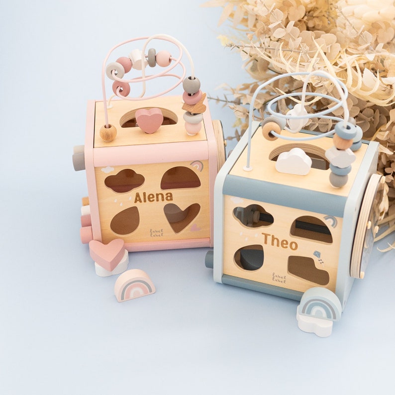 Cubo abilità motorie, giocattolo Montessori, 1 compleanno ragazza, cubo abilità motorie personalizzato, regali per bambini, regalo di nascita bambino, battesimo immagine 1