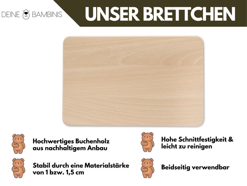 Op de afbeelding: Een licht houten snijplank met de tekst "Unser Brettchen" in zwarte letters. De plank is gemaakt van hoogwaardig beukenhout uit duurzame bosbouw. Het is 1 of 1,5 cm dik en is zowel duurzaam als gemakkelijk schoon te maken.