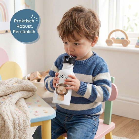 Trinkflasche Kinder, Trinkflasche personalisiert, Trinkflasche Edelstahl, Kindertrinkflasche, Flasche 1 jährige, Trinkflasche Löwe