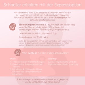 May include: Pink and white graphic with German text promoting faster shipping options. The text describes processing time, delivery time, and extra costs. Instructions are provided for mobile and desktop users.