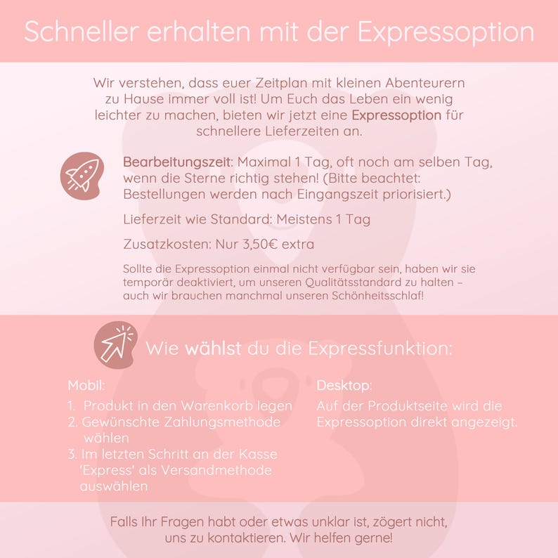 May include: Pink and white graphic with German text promoting faster shipping options. The text describes processing time, delivery time, and extra costs. Instructions are provided for mobile and desktop users.