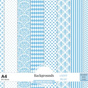 Light Blue Background Digital Paper, A4 Digital Damask Paper, Blue Stripes, Blue Dots, Digital Backgrounds
