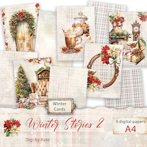 Winter Stories 2 Cards on 9 A4 JPG Pages, Winter Journal ATC Ephemera