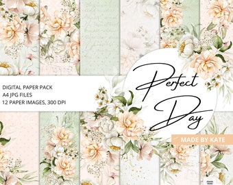 Peach and Green Wedding Digital Paper, Bridal Digital, Wedding Scrapbook Paper, Shabby Peach Paper, Romantic Wedding Invitation Background