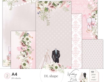 Wedding Digital Paper, Floral Digital Scrapbook, DL shape Printable Paper, Blush and Grey Paper, Pink Sunflowers