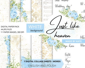 Blue and Gold Digital Paper, Polish English Words, Blue Floral Wedding Digital Paper, Wedding Words Printable, Wedding Backgrounds Papers