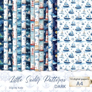 Little Sailor Patronen DARK 14 A4 JPG Digitale Achtergrondpapier, Mariene Achtergrondpapier, Nautisch Patroon Achtergrondpapier