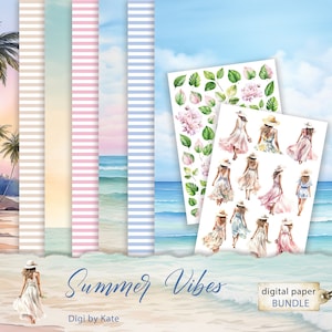 Summer Vibes Digital Paper Pack, Summer Scrapbook Paper, Summer Women Leaves Fussy Cut, Summer Landscapes Background