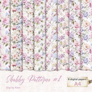 Shabby Patterns #1, A4 JPG achtergrond digitaal papier, Shabby Chic Scrapbookpapier, Shabby Pink Flowers Paper, Romantisch Shabby Achtergrond