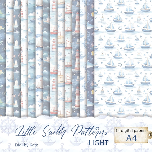 Little Sailor Patterns LIGHT 14 A4 JPG Background Digital Paper, Marine Background Paper, Nautical Pattern Background Paper