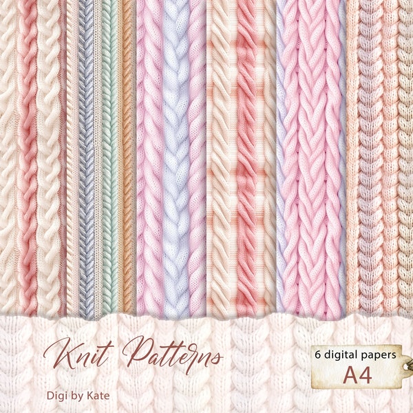 Knit Patterns 6 A4 JPG Pastel Background Digital Paper, Pastel Knit Scrapbook Paper, Pink Blue Beige Knit Background Digital Paper