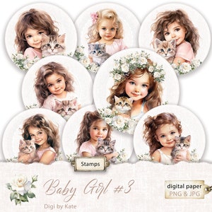 Bébé fille #3 cercles PNG et JPG, étiquettes de cercle de journal fille & chat, décoration de petit gâteau d'anniversaire fille, autocollants ronds numériques bébé fille