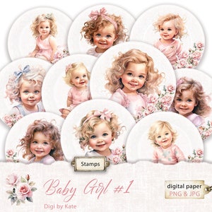 Sellos de niña #1 PNG y JPG, etiquetas circulares de diario de bebé rosa, adornos de cupcakes de cumpleaños, pegatinas redondas digitales de niña