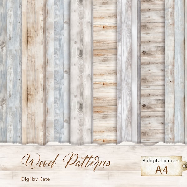 Wzory drewna 8 A4 JPG tło cyfrowy papier, tekstura drewna, Shabby Chic cyfrowy wzór Scrapbooking drewna