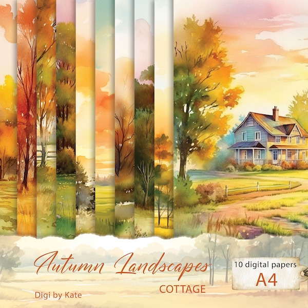 Autumn Landscapes Cottage 10 A4 JPG Watercolor Digital Paper, Autumn Junk Journal Pages, Autumn Cottage Background Digital Paper