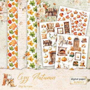 Pacote de papel digital laranja de outono aconchegante, papel de álbum de recortes de outono, poltrona de abóbora, lareira, folhas de gato, corte exigente, fundo de folhas de outono