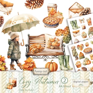 Cozy Autumn Fussy Cut Sage Amber A4 JPG Imprimible, Elementos de otoño, Otoño Pinecone Coffee Sweater Elementos digitales, Fall Fussy Cut