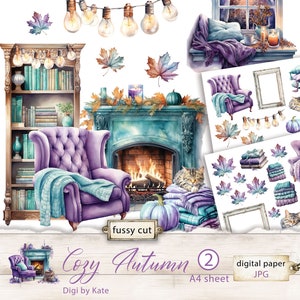 A4 JPG douillet automne couleur violet, imprimable, éléments d'automne, fauteuil cheminée d'automne, impression et découpe d'éléments numériques, coupe courte d'automne