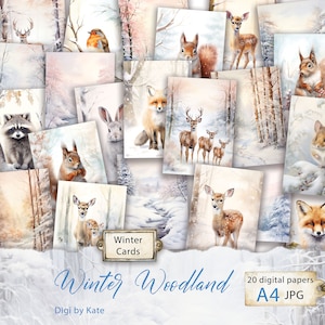 Paquete de 20 tarjetas de papel digital A4 con diseño de bosque invernal, tarjetas de diario de invierno, material efímero para diario