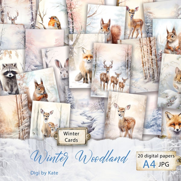 Winter Woodland Cards 20 A4 Pages Digital Paper Pack, Winter Journal Cards, Journal Ephemera