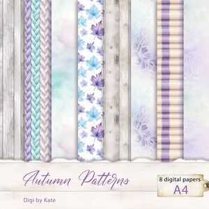 May include: Eight digital paper patterns in A4 size. The patterns include a light blue and purple knit pattern, a watercolor background, a white background with blue and purple leaves, a white wood grain pattern, a white background with a purple floral pattern, a light purple and cream knit pattern, and a light purple watercolor background.