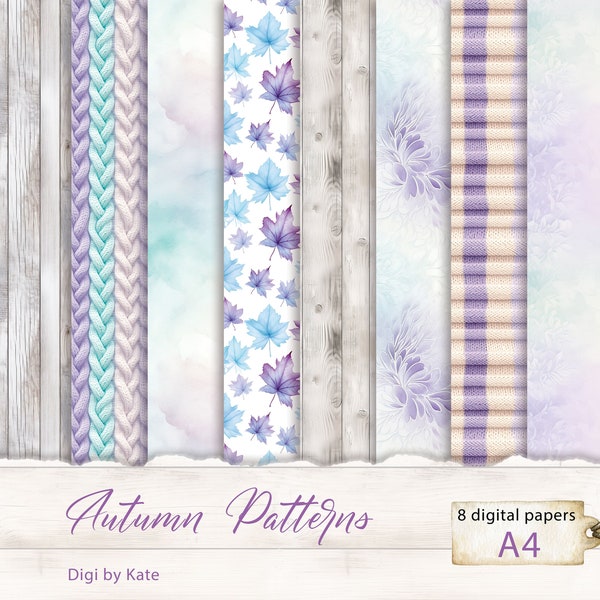 Cozy Autumn 8 A4 JPG Teal Purple Background Digital Paper, Autumn Knit Pattern, Autumn Leaves Background Digital Paper