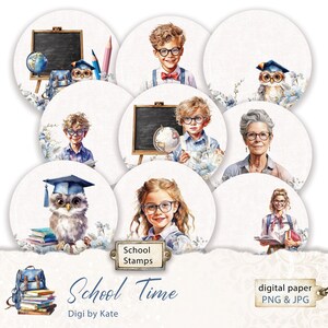 May include: A set of 8 digital paper circles featuring watercolor illustrations of children, owls, and school supplies. The circles are perfect for scrapbooking, card making, and other craft projects. The text "School Time Digi by Kate" and "School Stamps" are also included.