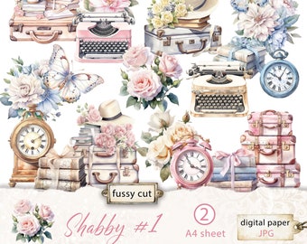 Shabby #1 Fussy Cut on A4 JPG Digital Printable, Shabby Journal Elements to Print and Cut