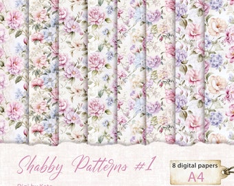 Shabby Patterns #1, A4 JPG Background Digital Paper, Shabby Chic Scrapbook Paper, Shabby Pink Flowers Paper, Romantic Shabby Background