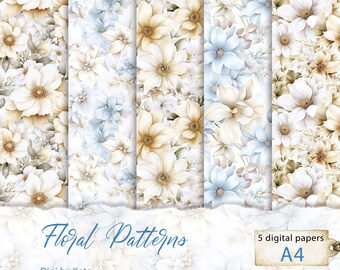 Floral Patterns 5 A4 Blue Beige Digital Paper Pack, Floral Background Scrapbook Paper, Journal Digital Paper
