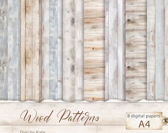 Wzory drewna 8 A4 JPG tło cyfrowy papier, tekstura drewna, Shabby Chic cyfrowy wzór Scrapbooking drewna