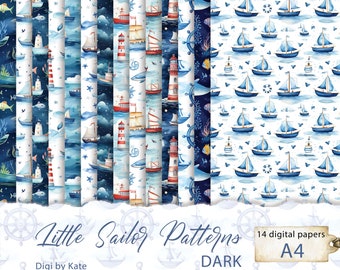 Little Sailor Patterns DARK 14 A4 JPG Background Digital Paper, Marine Background Paper, Nautical Pattern Background Paper