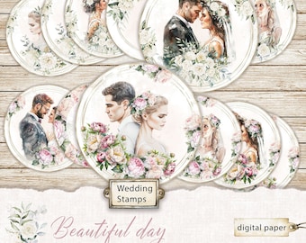 Beautiful Day Wedding PNG and JPG Stamps, Wedding Journal Circle Tags, Cupcake Toppers Wedding, Wedding Digital Round Stickers
