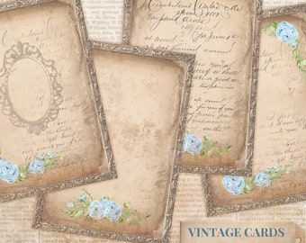 Tarjetas de diario ATC vintage, ATC de flores azules, conjunto de tarjetas Shabby Chic, ATC vintage imprimible