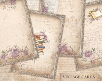 Vintage ATC Journal Card Set, Digital Vintage Junk Journal ATC, Journal Cards with Books Old Handwriting and Purple Flowers