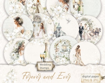 Forever and Ever Stamps Wedding PNG and JPG, Wedding Journal Circle Tags, Cupcake Toppers Wedding, Bride Digital Round Stickers