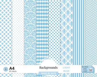Light Blue Background Digital Paper, A4 Digital Damask Paper, Blue Stripes, Blue Dots, Digital Backgrounds