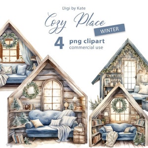 Winter Cozy Place 4 PNG Clipart Set, Winter Watercolor Illustrations of Cozy Nook on Transparent Background