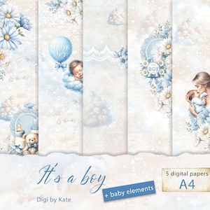 It's a Boy 5 A4 is een digitale papierset voor een geboorte van een babyjongen, babyshower, gender Reveal-feestje