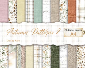 Autumn Patterns on 20 A4 JPG Pages, Green Yellow Orange Fall Backgrounds for Scrapbook and Junk Journal