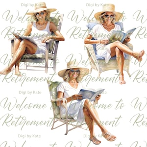 May include: A watercolor painting of a woman in a white dress and a straw hat sitting in a wicker chair. She is reading a book and smiling. The background is a white background with the text "Welcome to Retirement" repeated.